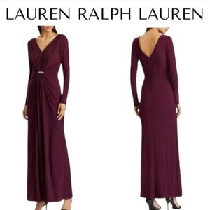Lauren Ralph Lauren Plum Long Sleeve Ruched Waist Dress.